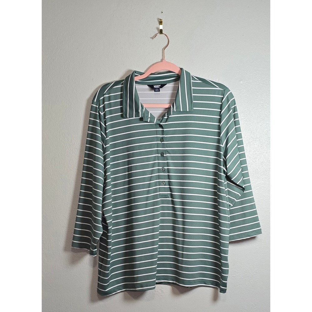 Lands End Polo Top 1X Green White Striped 3/4 Sleeve Nylon Spandex Stretch